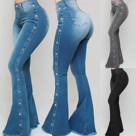 Women’s High Waisted Denim Flare Pants with Stretch. Elite Boutique