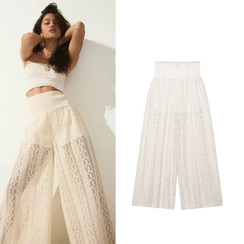 TRAF Women Lace Trousers Embroidery Hollow Out Simple Women's Pants Elastic Waist Loose Pants Female Wide Leg Pants Elite Boutique