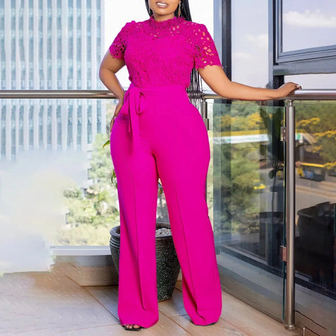 Women’s Elegant Short Sleeve Jumpsuit with O Neck Lace. (Plus Size Available.) My Store
