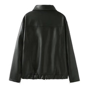Women's Winter Jacket Women Vintage Faux Leather Coat Fashion Pu Lapel Collar Bow Zipper Overcoat Female Casual Tops Clothing Elite Boutique