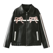Women's Winter Jacket Women Vintage Faux Leather Coat Fashion Pu Lapel Collar Bow Zipper Overcoat Female Casual Tops Clothing Elite Boutique