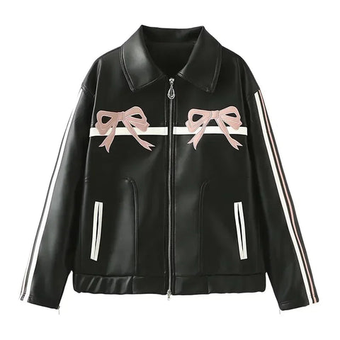 Women's Winter Jacket Women Vintage Faux Leather Coat Fashion Pu Lapel Collar Bow Zipper Overcoat Female Casual Tops Clothing Elite Boutique