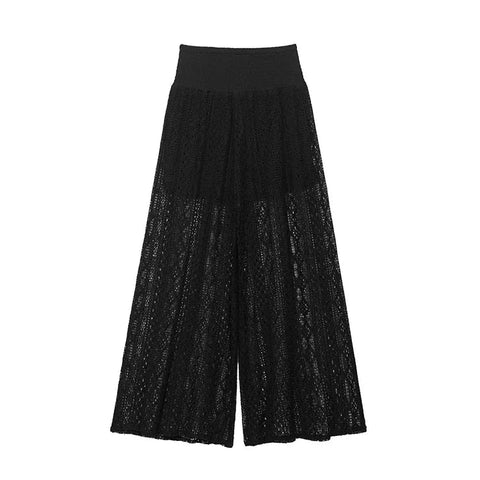 TRAF Women Lace Trousers Embroidery Hollow Out Simple Women's Pants Elastic Waist Loose Pants Female Wide Leg Pants Elite Boutique