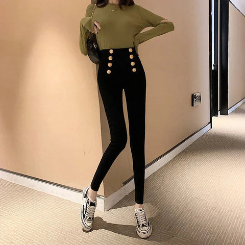 Fashion women's trousers Spring autumn new high-elastic double-breasted tight-fitting high-waisted slimming pants Women's pants Elite Boutique