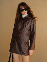 Women's Jackets Elegant Coffee Brown PU Leather Button Front 25 Spring Summer Slim Fit Office Essentials Urban Commute Night Out Elite Boutique