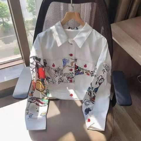 Denim jacket women's autumn and winter new style graffiti work jacket fashion temperament loose Korean college style short coat. Elite Boutique
