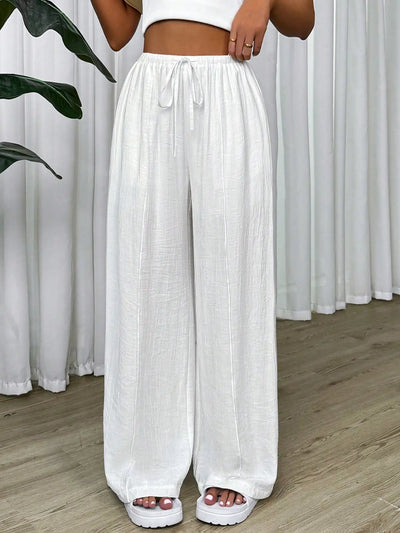 Women's Trousers High Waisted Loose Casual Solid White 25 Spring Summer Drawstring Waist Wide Leg Pants for Resort Vacations Elite Boutique
