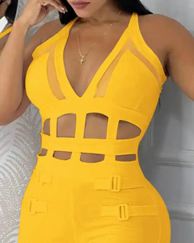 Women's jumpsuit 2025 summer new sleeveless new fashionable hollow camisole buckle comparison mesh tight jumpsuit Elite Boutique