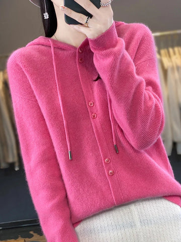 Hoodie Women's Merino Woolen Sweater Fashion Button Casual Loose Hoodie Knitted Sweater Elite Boutique