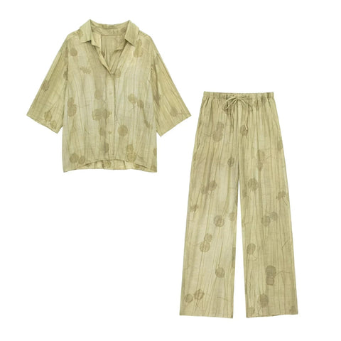 TRAFZA 2024 New Woman Trouser Set Jacquard Long Sleeves Shirt Top + Casual Chic Elegant Women's Wide Leg Long Pant Streetwear Elite Boutique