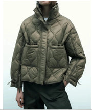 Quilted coat for women ETJ 2024traf QUILTED JACKET WITH TIES new beige drawstring high neck pocket clip cotton jacket for women Elite Boutique