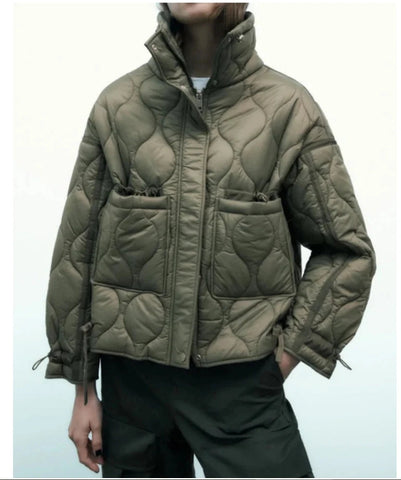 Quilted coat for women ETJ 2024traf QUILTED JACKET WITH TIES new beige drawstring high neck pocket clip cotton jacket for women Elite Boutique