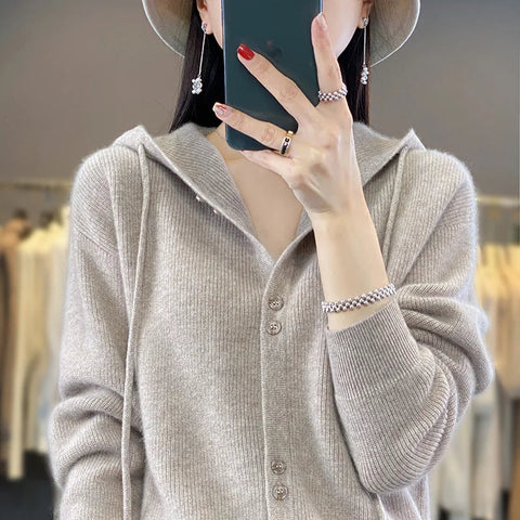 Hoodie Women's Merino Woolen Sweater Fashion Button Casual Loose Hoodie Knitted Sweater Elite Boutique