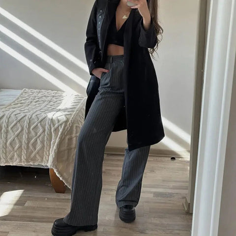 TRAF Women's Formal Pants Office Wear Women Striped Grey Black Pants Woman High Waist Baggy Suit Pants Casual Wide Leg Trousers Elite Boutique