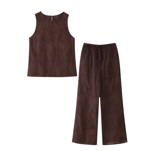 TRAFZA 2025 Women Trouser Suit Casual Embroidered Round Neck Sleeveless Slim Top+Elastic Waist Drawstring Loose Long Pants Elite Boutique