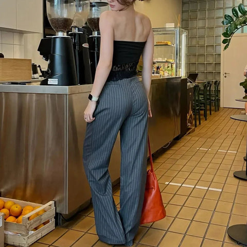 TRAF Women's Formal Pants Office Wear Women Striped Grey Black Pants Woman High Waist Baggy Suit Pants Casual Wide Leg Trousers Elite Boutique