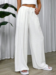 Women's Trousers High Waisted Loose Casual Solid White 25 Spring Summer Drawstring Waist Wide Leg Pants for Resort Vacations Elite Boutique