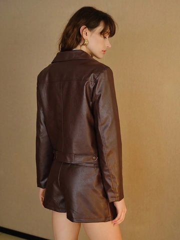 Women's Jackets Elegant Coffee Brown PU Leather Button Front 25 Spring Summer Slim Fit Office Essentials Urban Commute Night Out Elite Boutique