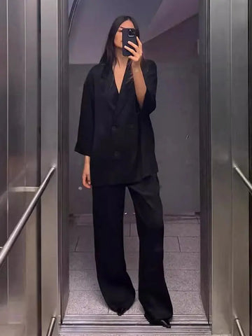 2024 Autumn Women Casual Blazer Coat Pants Set Long Sleeve Double Breasted Blazer + Wide Leg Trousers Lady Office Outfit Elite Boutique