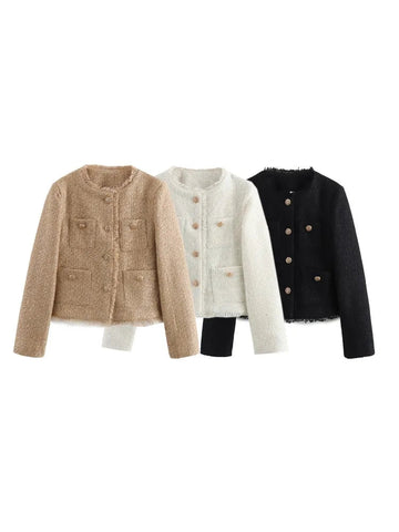 Chic Female Tweed Basic Jacket Coat Women Clothing Woolen Outerwear Long Sleeve Front Button Female Outerwear Chic Tops Elite Boutique