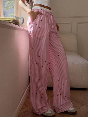 Women's Trousers Summer New Streetwear Fashion Striped Print Love Lace-up Casual Slim Trousers Pink Sexy Sweet Female Clothing Elite Boutique