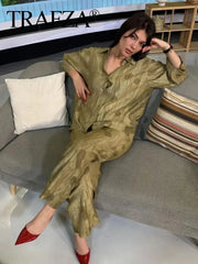 TRAFZA 2024 New Woman Trouser Set Jacquard Long Sleeves Shirt Top + Casual Chic Elegant Women's Wide Leg Long Pant Streetwear Elite Boutique
