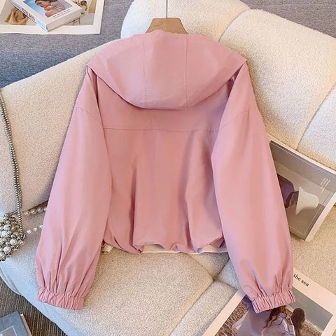 Women's Jacket Fashion Hooded Windbreaker New Spring Autumn Female Casual Short Coat Outwear Pink Green White Female Outerwear Elite Boutique