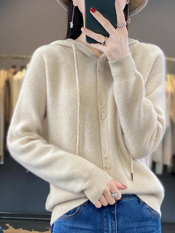 Hoodie Women's Merino Woolen Sweater Fashion Button Casual Loose Hoodie Knitted Sweater Elite Boutique