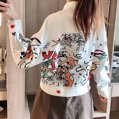 Denim jacket women's autumn and winter new style graffiti work jacket fashion temperament loose Korean college style short coat. Elite Boutique