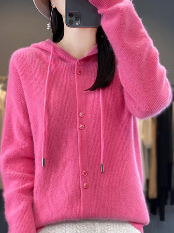 Hoodie Women's Merino Woolen Sweater Fashion Button Casual Loose Hoodie Knitted Sweater Elite Boutique