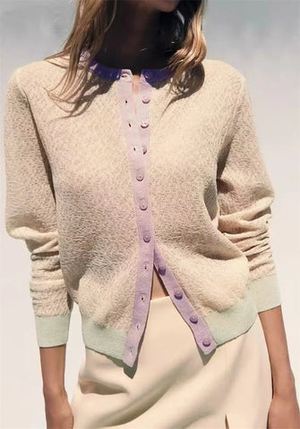 Women's Jacket New Summer 2025 Color-blocked Long Sleeve Crewneck Knit Jacket Romantic Style Casual Fashion Personality Versatil Elite Boutique