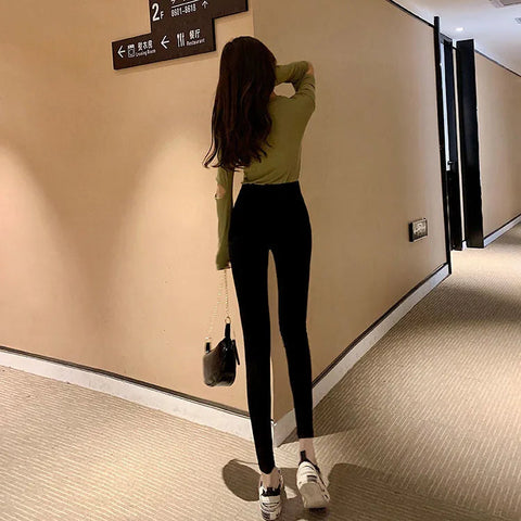 Fashion women's trousers Spring autumn new high-elastic double-breasted tight-fitting high-waisted slimming pants Women's pants Elite Boutique