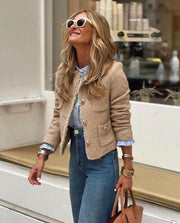 Chic Female Tweed Basic Jacket Coat Women Clothing Woolen Outerwear Long Sleeve Front Button Female Outerwear Chic Tops Elite Boutique