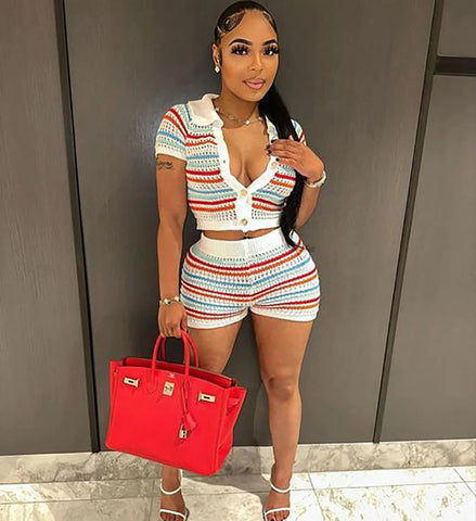 FAGADOER Summer Knitted Two Piece Sets Women Outfits Lapel Collar Buttons Crop Top + Shorts Y2k Sweethot Street Matching Sets Elite Boutique