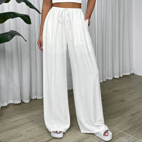 Women's Trousers High Waisted Loose Casual Solid White 25 Spring Summer Drawstring Waist Wide Leg Pants for Resort Vacations Elite Boutique