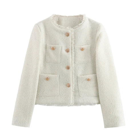 Chic Female Tweed Basic Jacket Coat Women Clothing Woolen Outerwear Long Sleeve Front Button Female Outerwear Chic Tops Elite Boutique