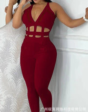 Women's jumpsuit 2025 summer new sleeveless new fashionable hollow camisole buckle comparison mesh tight jumpsuit Elite Boutique