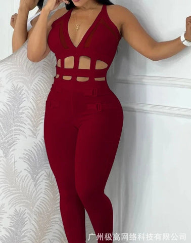 Women's jumpsuit 2025 summer new sleeveless new fashionable hollow camisole buckle comparison mesh tight jumpsuit Elite Boutique