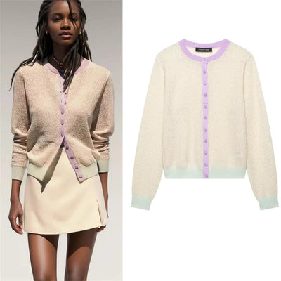 Women's Jacket New Summer 2025 Color-blocked Long Sleeve Crewneck Knit Jacket Romantic Style Casual Fashion Personality Versatil Elite Boutique