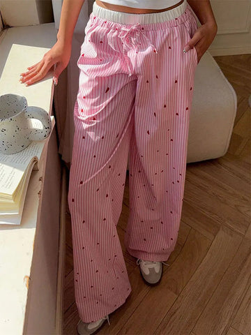 Women's Trousers Summer New Streetwear Fashion Striped Print Love Lace-up Casual Slim Trousers Pink Sexy Sweet Female Clothing Elite Boutique