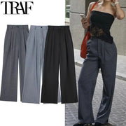 TRAF Women's Formal Pants Office Wear Women Striped Grey Black Pants Woman High Waist Baggy Suit Pants Casual Wide Leg Trousers Elite Boutique