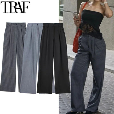 TRAF Women's Formal Pants Office Wear Women Striped Grey Black Pants Woman High Waist Baggy Suit Pants Casual Wide Leg Trousers Elite Boutique