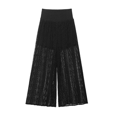 TRAF Women Lace Trousers Embroidery Hollow Out Simple Women's Pants Elastic Waist Loose Pants Female Wide Leg Pants Elite Boutique