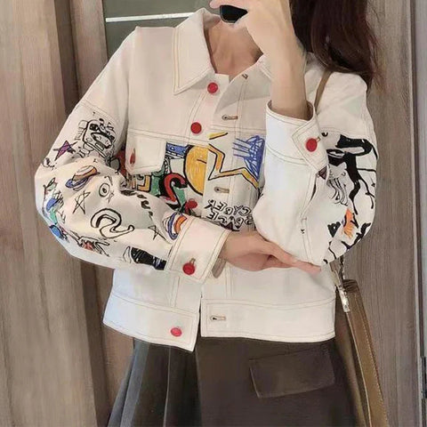 Denim jacket women's autumn and winter new style graffiti work jacket fashion temperament loose Korean college style short coat. Elite Boutique