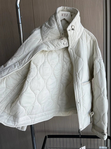 Quilted coat for women ETJ 2024traf QUILTED JACKET WITH TIES new beige drawstring high neck pocket clip cotton jacket for women Elite Boutique