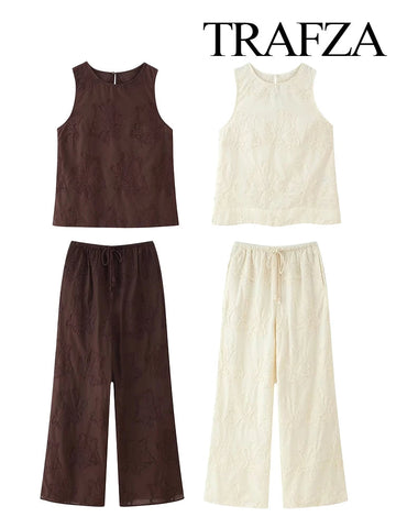 TRAFZA 2025 Women Trouser Suit Casual Embroidered Round Neck Sleeveless Slim Top+Elastic Waist Drawstring Loose Long Pants Elite Boutique
