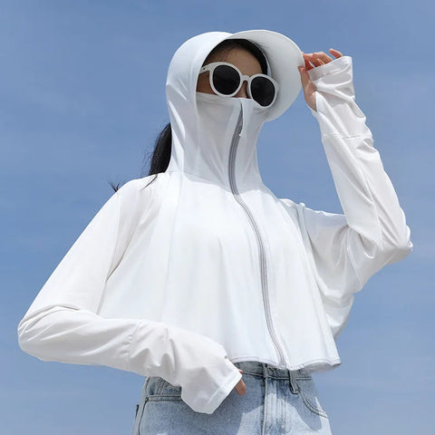 UPF 50+ Women Sunscreen Hoodie Solid Color Thin Ice Silk Summer UV Protection Long-sleeved Jacket Breathable Shirt Clothing Elite Boutique