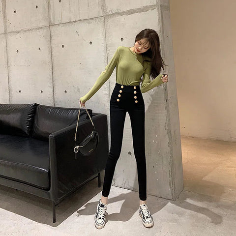 Fashion women's trousers Spring autumn new high-elastic double-breasted tight-fitting high-waisted slimming pants Women's pants Elite Boutique