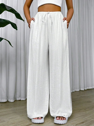 Women's Trousers High Waisted Loose Casual Solid White 25 Spring Summer Drawstring Waist Wide Leg Pants for Resort Vacations Elite Boutique