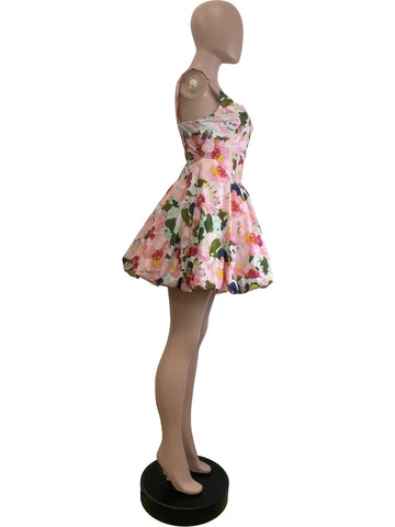 HLJ Fashion Flower Print Long Dress Women Spaghetti Strap Backless Bubble Puff Dresses Female Streetwear Vestidos Summer New Elite Boutique